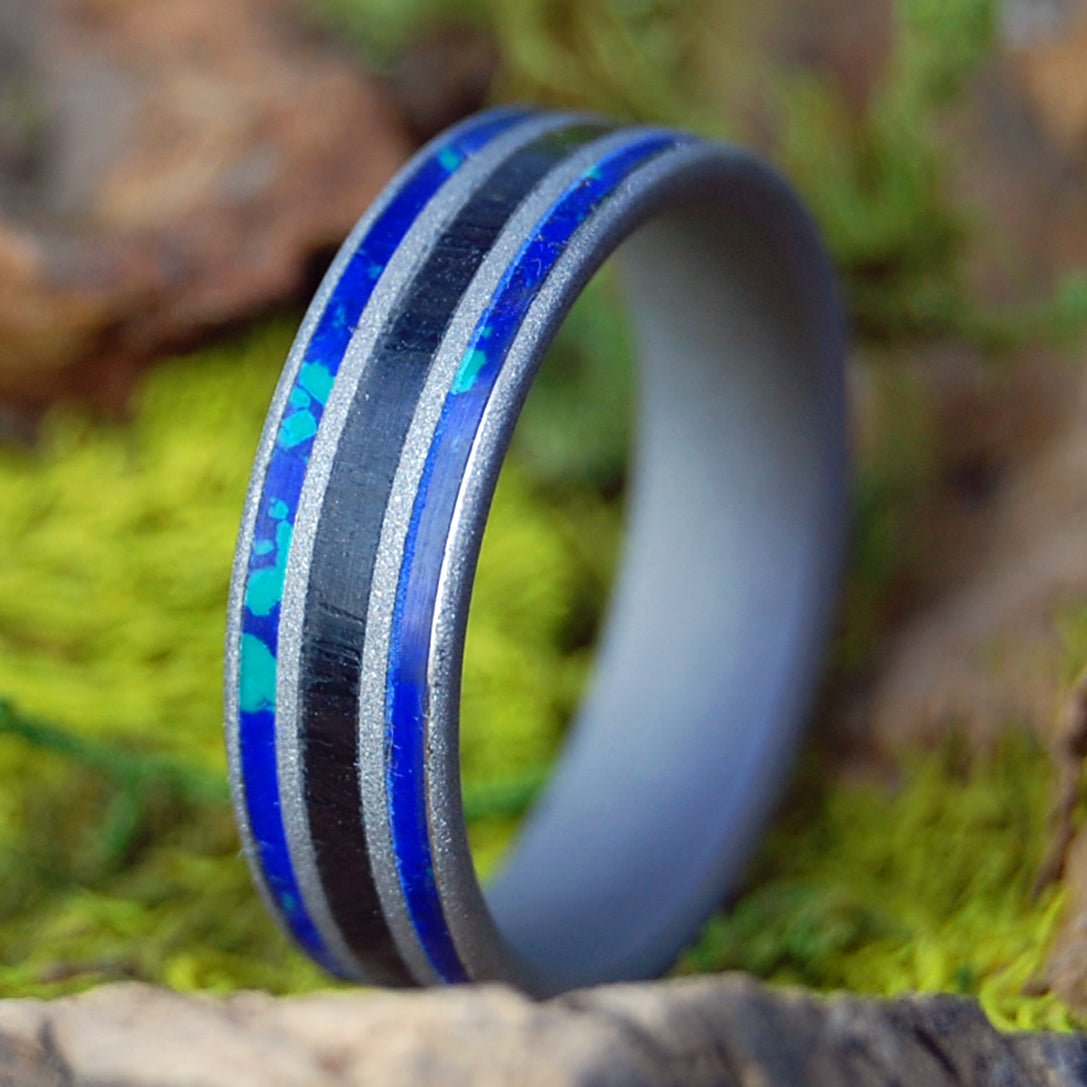 SCOTTISH SEAS NARROW | Men's Scottish Bog Oak, Azurite & Titanium Wedding Ring - Minter and Richter Designs