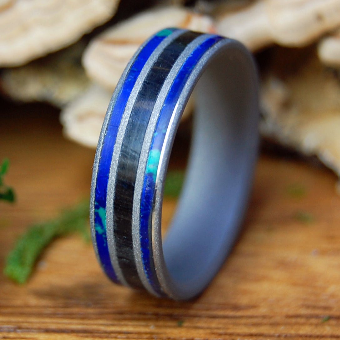SCOTTISH SEAS NARROW | Men's Scottish Bog Oak, Azurite & Titanium Wedding Ring - Minter and Richter Designs