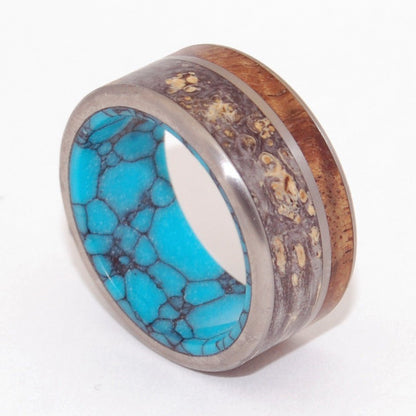 Sea Beneath | Men's Box Elder Wood, Hawaiian Koa Wood, & Turquoise Wedding Ring - Minter and Richter Designs