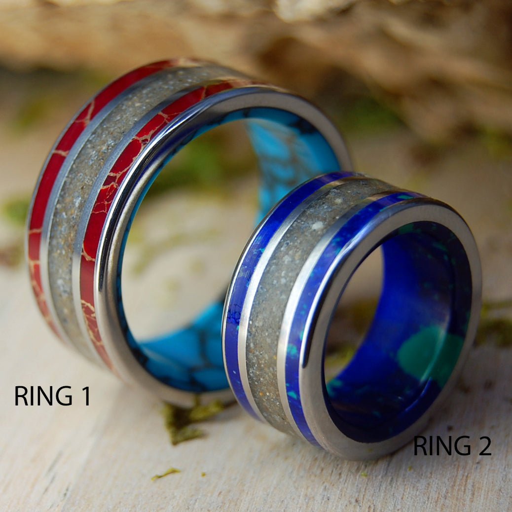 SEA OF KINNERET BLUE AND RED | Stone, Crushed Israel Stone/Sand & Titanium Wedding Rings - Minter and Richter Designs