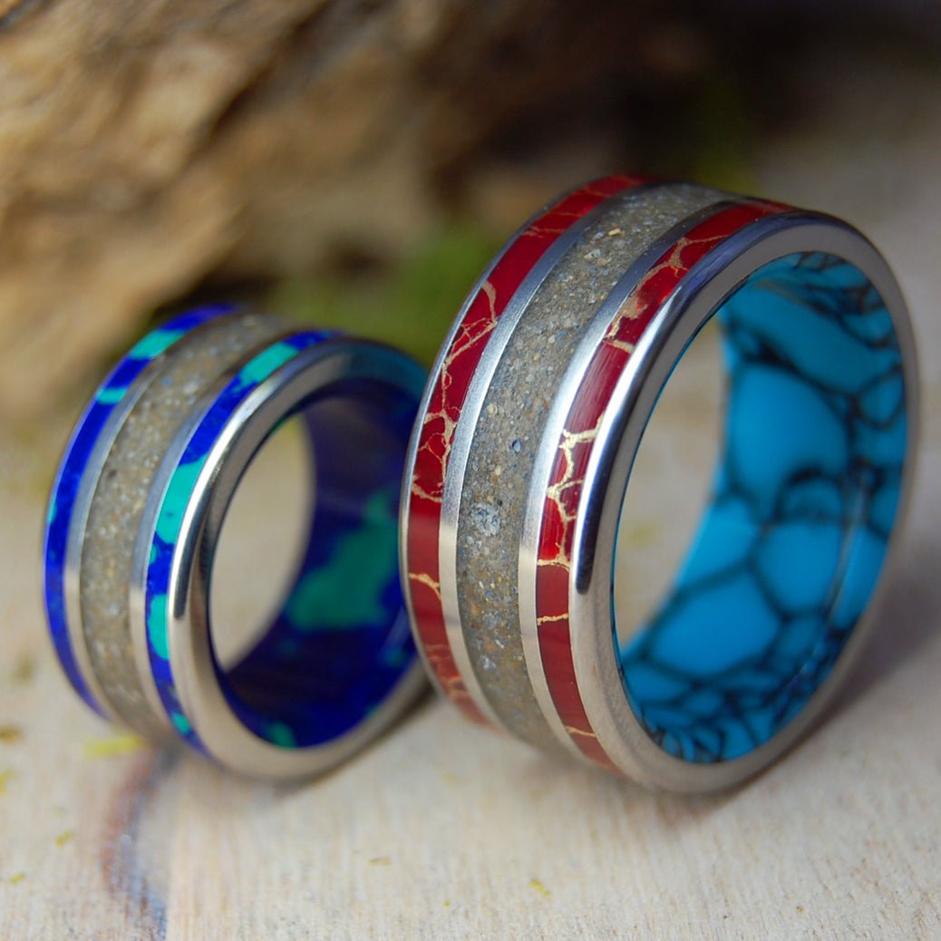 SEA OF KINNERET BLUE AND RED | Stone, Crushed Israel Stone/Sand & Titanium Wedding Rings - Minter and Richter Designs