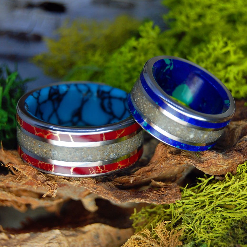 SEA OF KINNERET BLUE AND RED | Stone, Crushed Israel Stone/Sand & Titanium Wedding Rings - Minter and Richter Designs