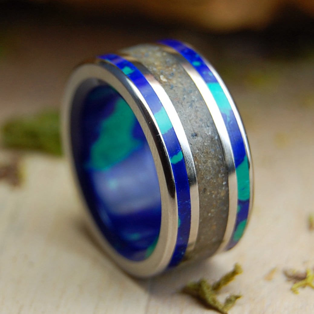 SEA OF KINNERET BLUE | Azurite, Crushed Israel Stone/Sand & Titanium Wedding Ring - Minter and Richter Designs