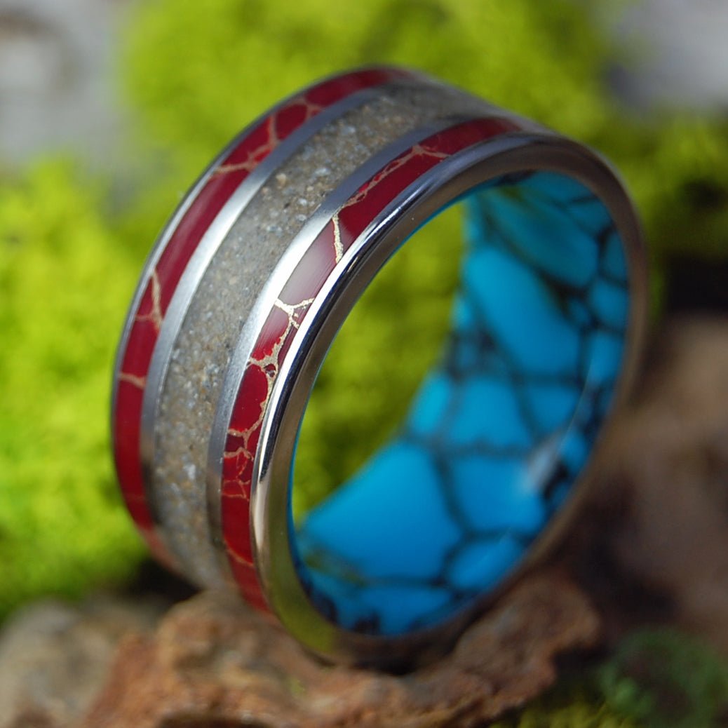 SEA OF KINNERET RED | Turquoise, Crushed Israel Stone/Sand & Titanium Wedding Ring - Minter and Richter Designs