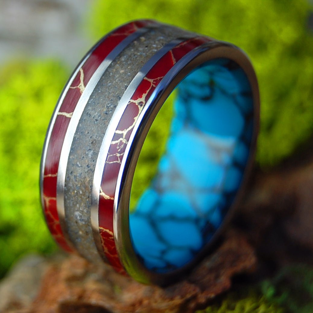 SEA OF KINNERET RED | Turquoise, Crushed Israel Stone/Sand & Titanium Wedding Ring - Minter and Richter Designs