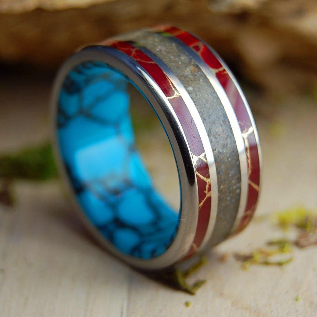 SEA OF KINNERET RED | Turquoise, Crushed Israel Stone/Sand & Titanium Wedding Ring - Minter and Richter Designs