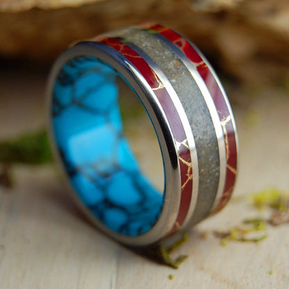 SEA OF KINNERET RED | Turquoise, Crushed Israel Stone/Sand & Titanium Wedding Ring - Minter and Richter Designs