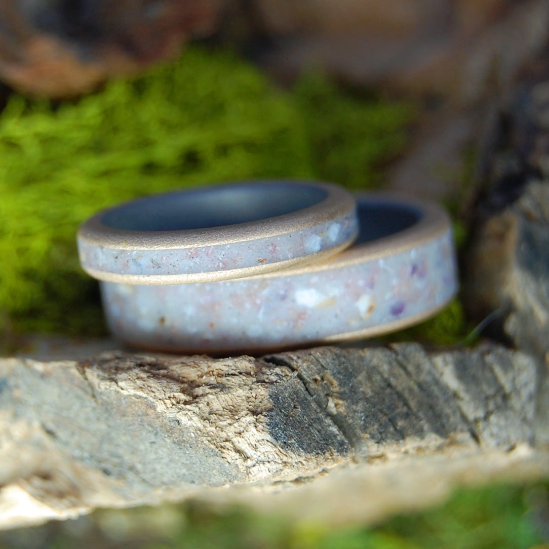 Sea Shells We Collected Together | Crushed Sea Shells, Beach Sand And Glass Bead Bronze Titanium Wedding Ring Set - Minter and Richter Designs