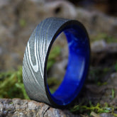 SEA WALL | Damascus Damasteel & Sodalite Stone Blue Wedding Rings - Minter and Richter Designs