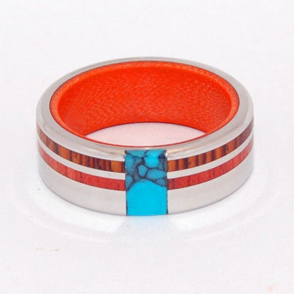 Secret Orange | Men's Turquoise, Cocobolo Wood, Blood Wood & Carbon Fiber Wedding Ring - Minter and Richter Designs