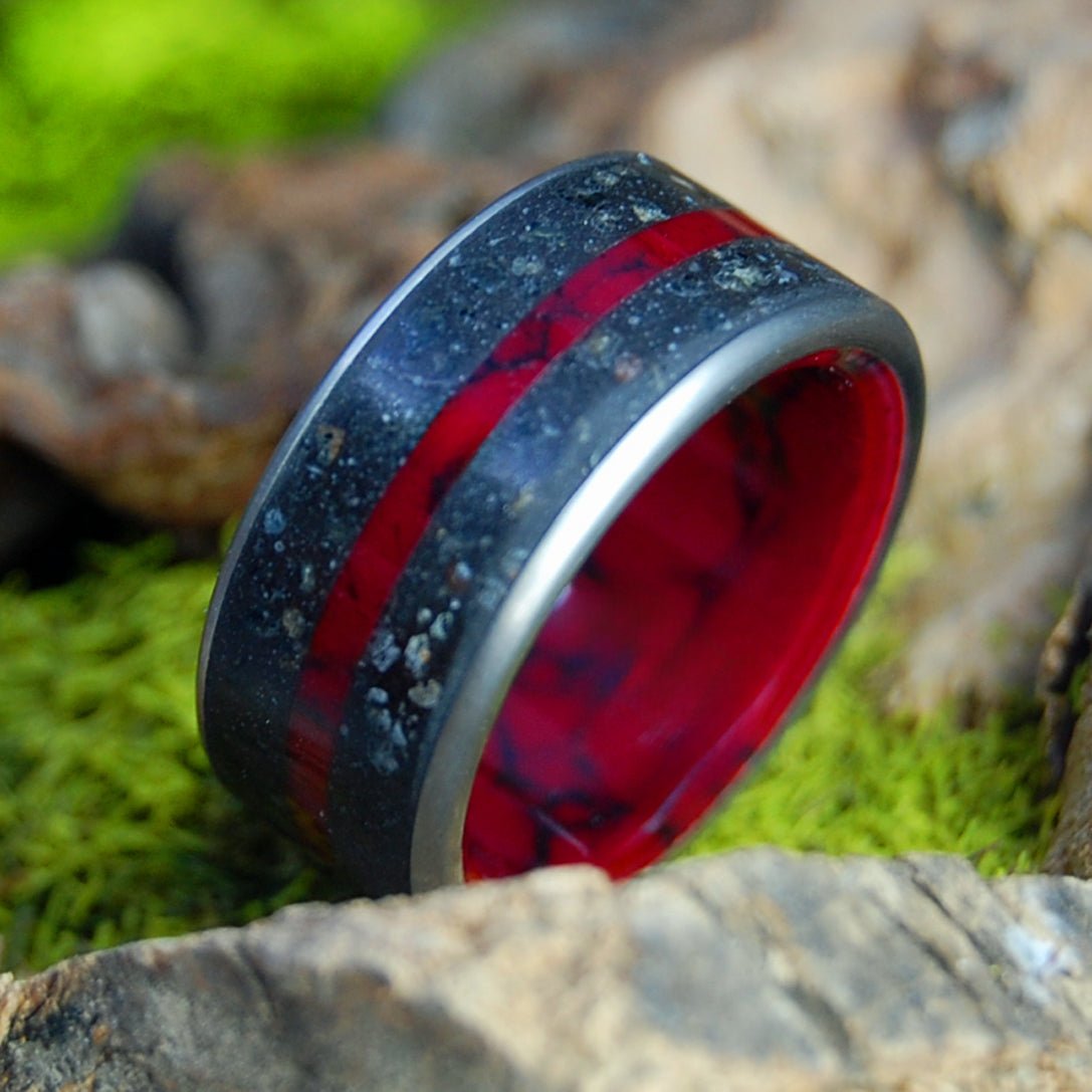 SEMPER FIDELIS - Iwo Jima | Men's Crimson & Black Jasper - Iwo Jima Beach Sand | Titanium Military Wedding Ring - Minter and Richter Designs
