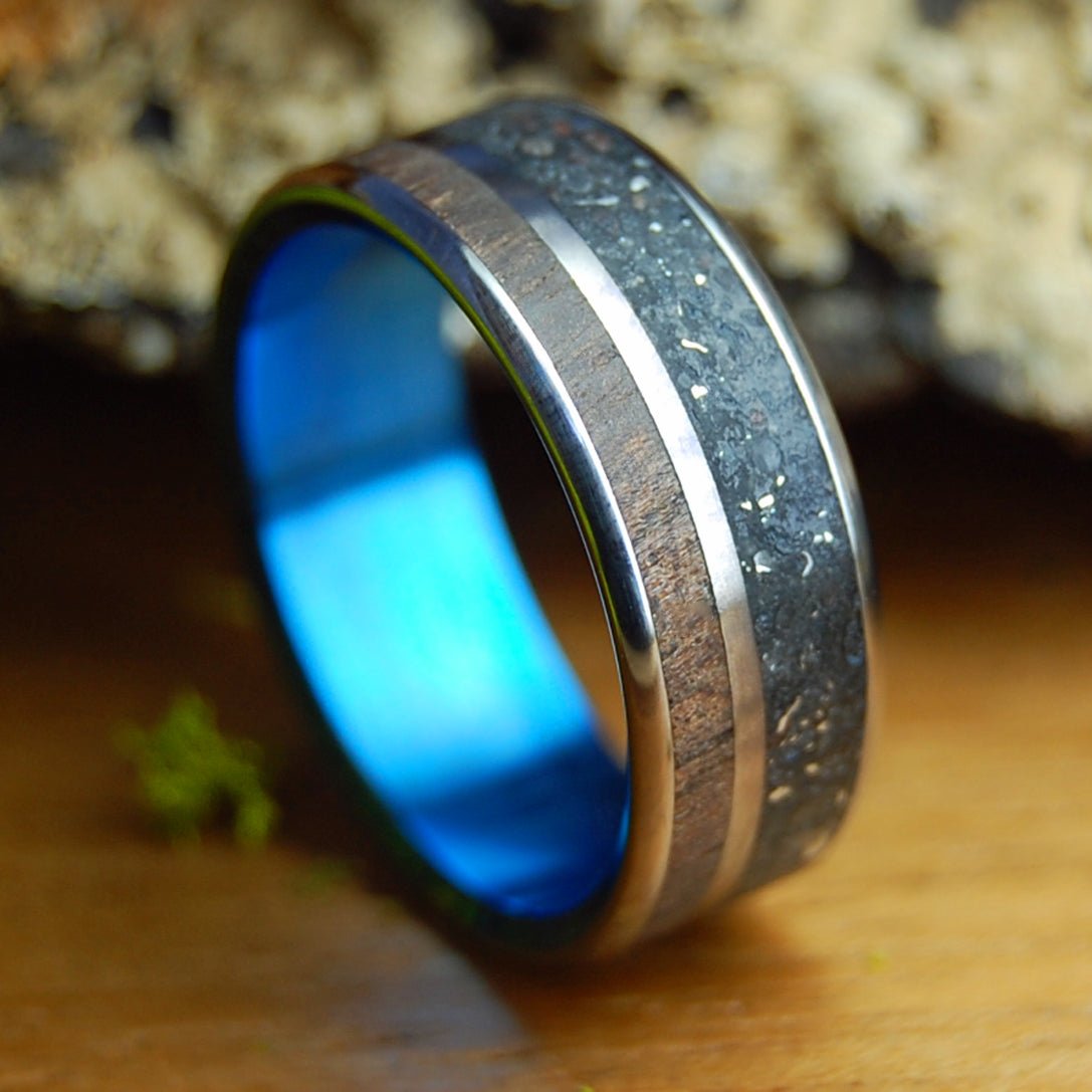 SHREDDED METAL AND KOA | HI Black Beach Sand, Steel & Koa Wood Titanium Wedding Ring - Minter and Richter Designs