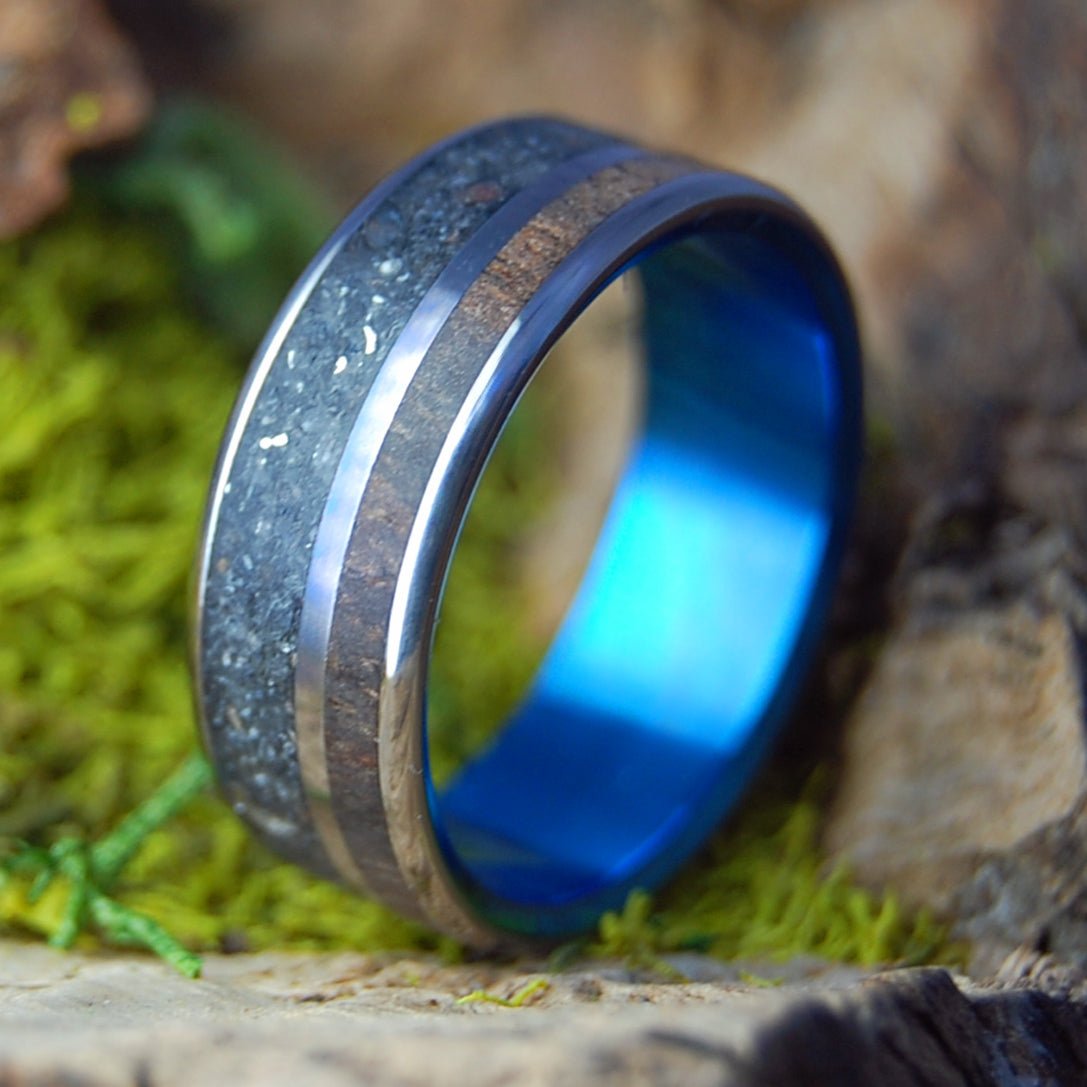 SHREDDED METAL AND KOA | HI Black Beach Sand, Steel & Koa Wood Titanium Wedding Ring - Minter and Richter Designs