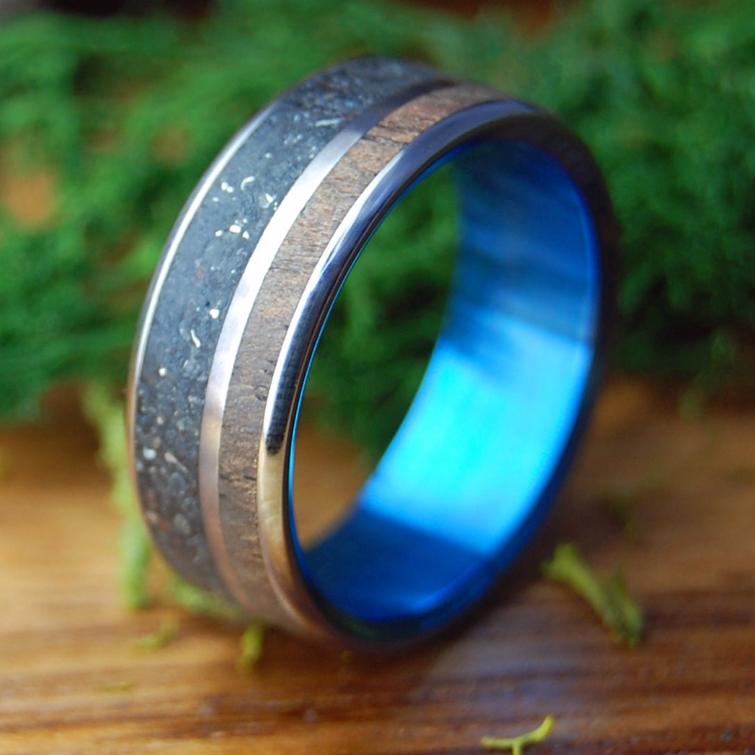 SHREDDED METAL AND KOA | HI Black Beach Sand, Steel & Koa Wood Titanium Wedding Ring - Minter and Richter Designs