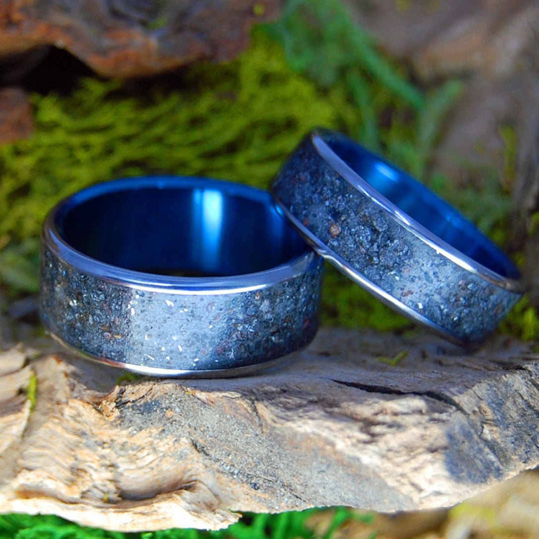 SHREDDED METAL SET | HI Black Beach Sand, Shredded Steel and Titanium Wedding Rings - Minter and Richter Designs