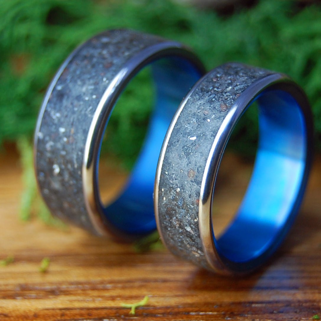 SHREDDED METAL SET | HI Black Beach Sand, Shredded Steel and Titanium Wedding Rings - Minter and Richter Designs