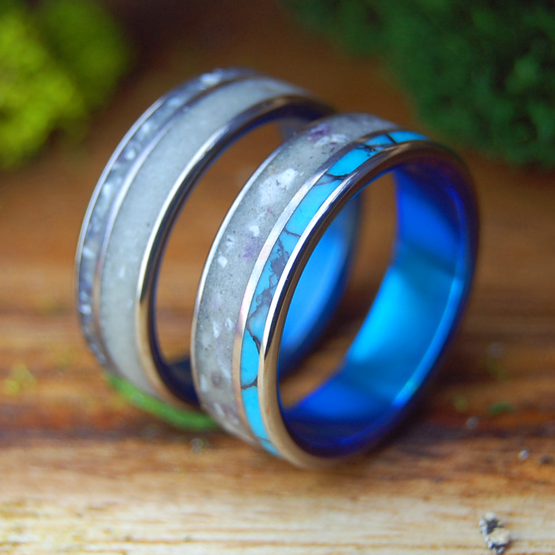 TURQUOISE IN SIESTA BEACH SET | Beach Sand, Shells, & Black-Webbed Turquoise Titanium His and Hers Wedding Rings