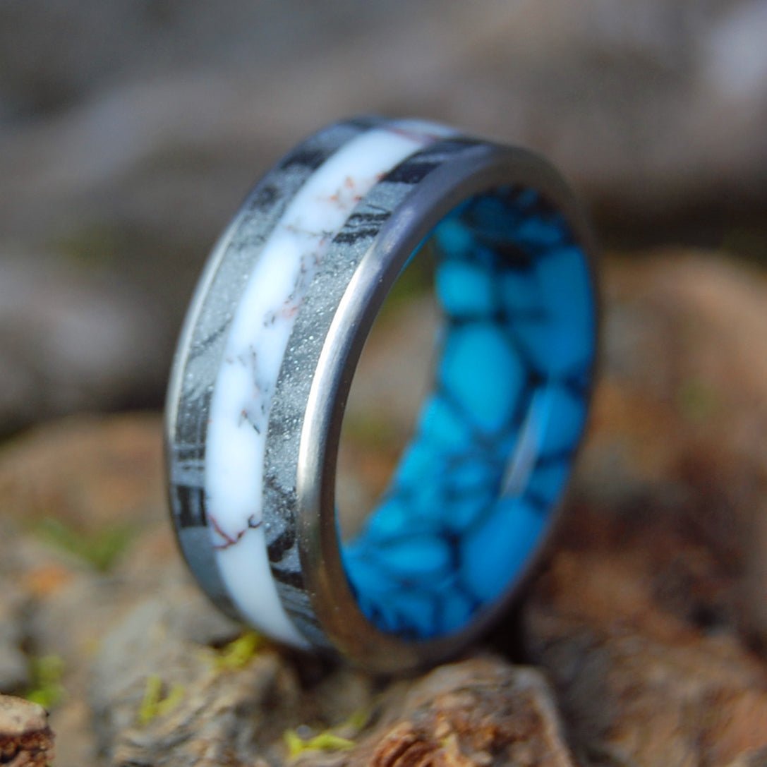 SILVER FIRE FLUSH | Men's Turquoise Stone, Jasper Stone, Silver Black M3 & Titanium Wedding Ring - Minter and Richter Designs