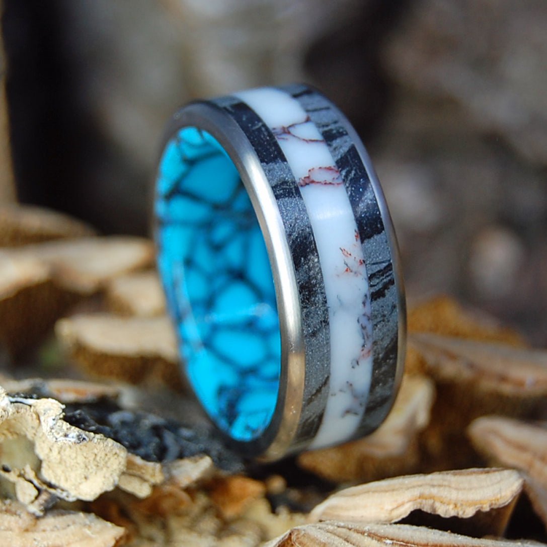 SILVER FIRE FLUSH | Men's Turquoise Stone, Jasper Stone, Silver Black M3 & Titanium Wedding Ring - Minter and Richter Designs