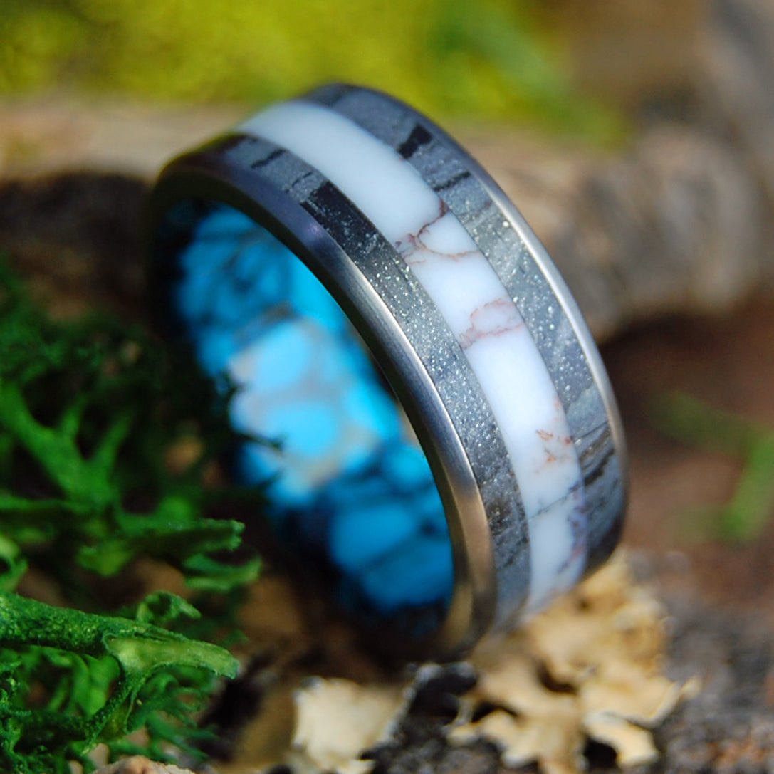 SILVER FIRE FLUSH | Men's Turquoise Stone, Jasper Stone, Silver Black M3 & Titanium Wedding Ring - Minter and Richter Designs