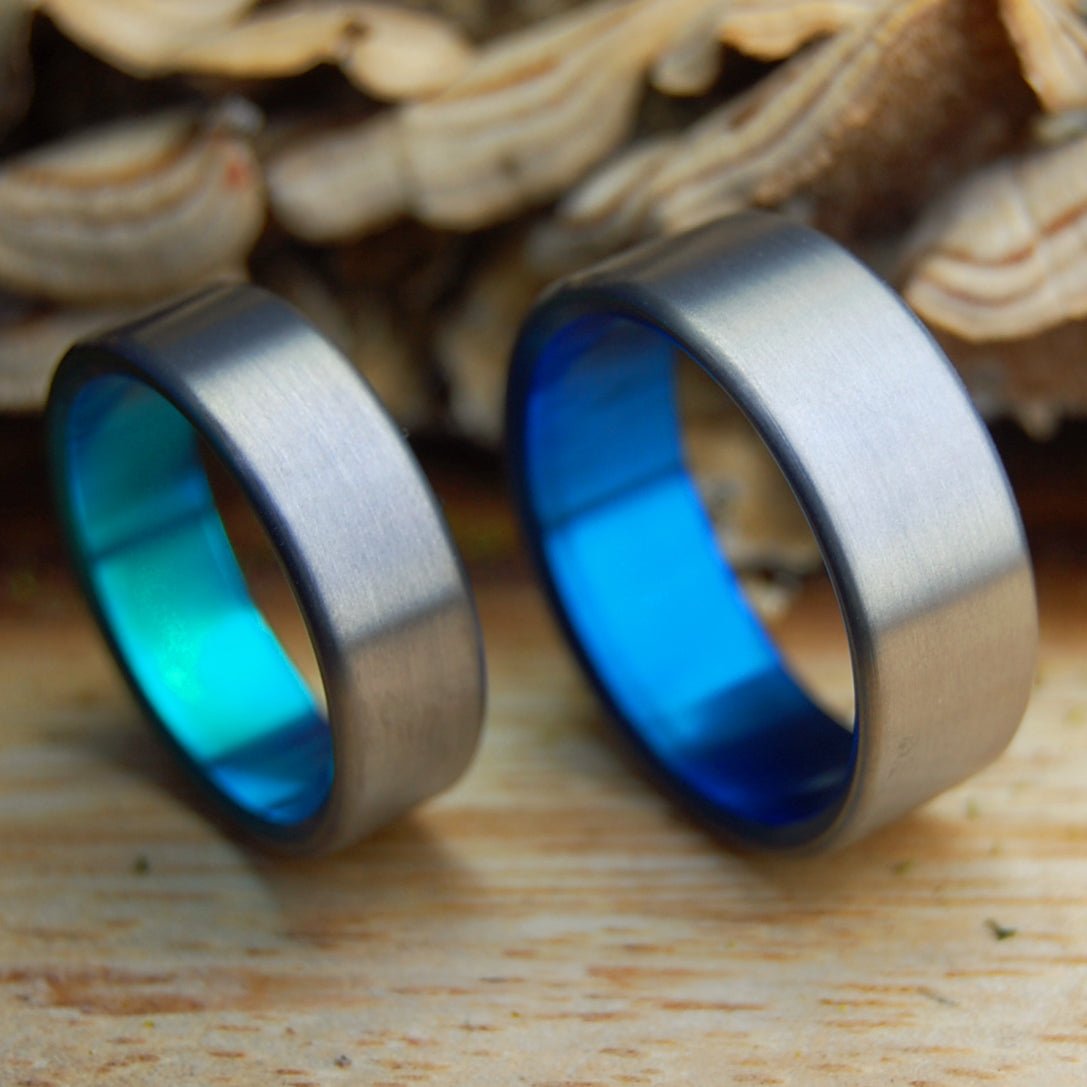 SIMPLE SATIN GREEN BLUE SET | Hand Anodized Titanium - Unique Wedding Rings - Wedding Rings - Minter and Richter Designs