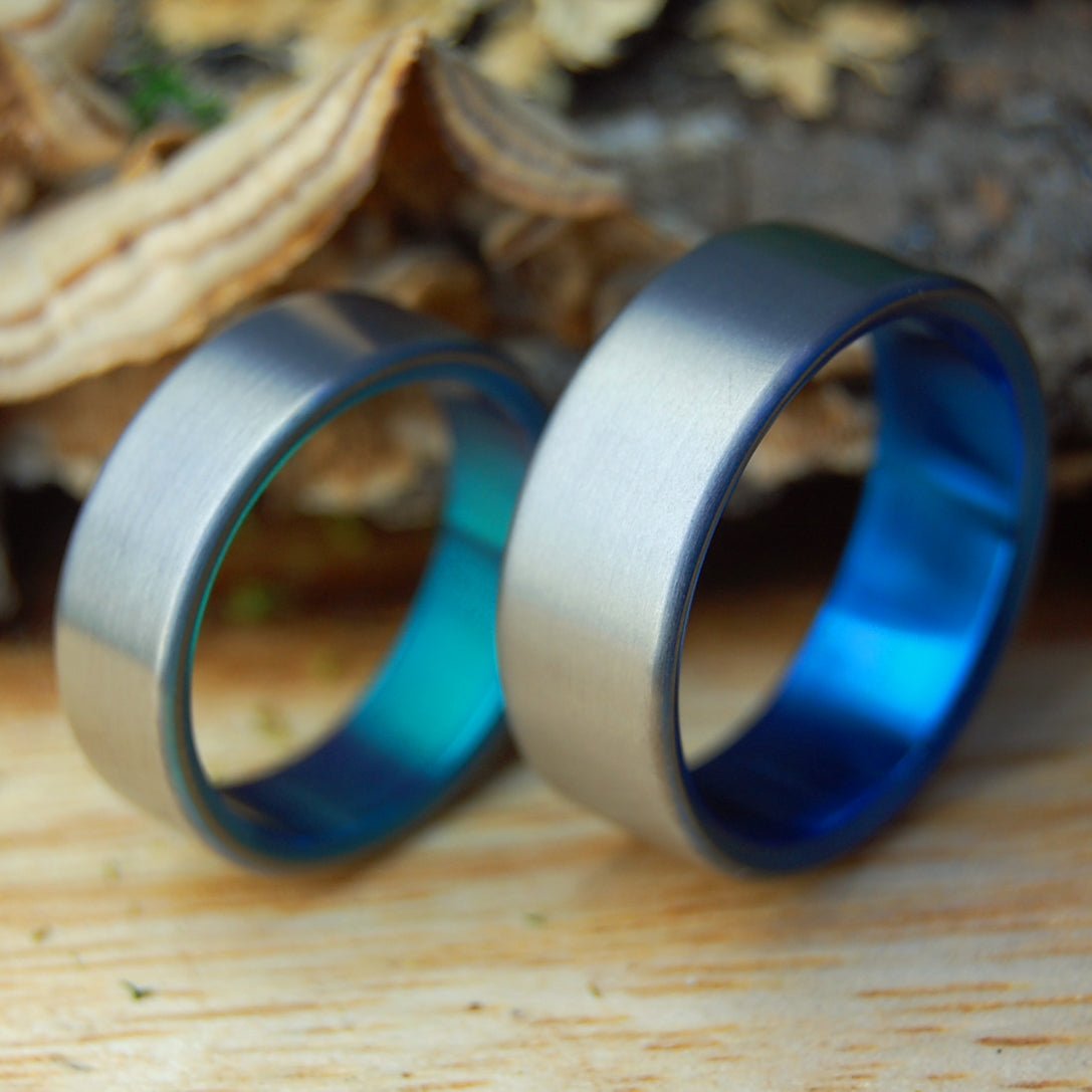SIMPLE SATIN GREEN BLUE SET | Hand Anodized Titanium - Unique Wedding Rings - Wedding Rings - Minter and Richter Designs