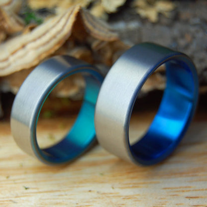 SIMPLE SATIN GREEN BLUE SET | Hand Anodized Titanium - Unique Wedding Rings - Wedding Rings - Minter and Richter Designs