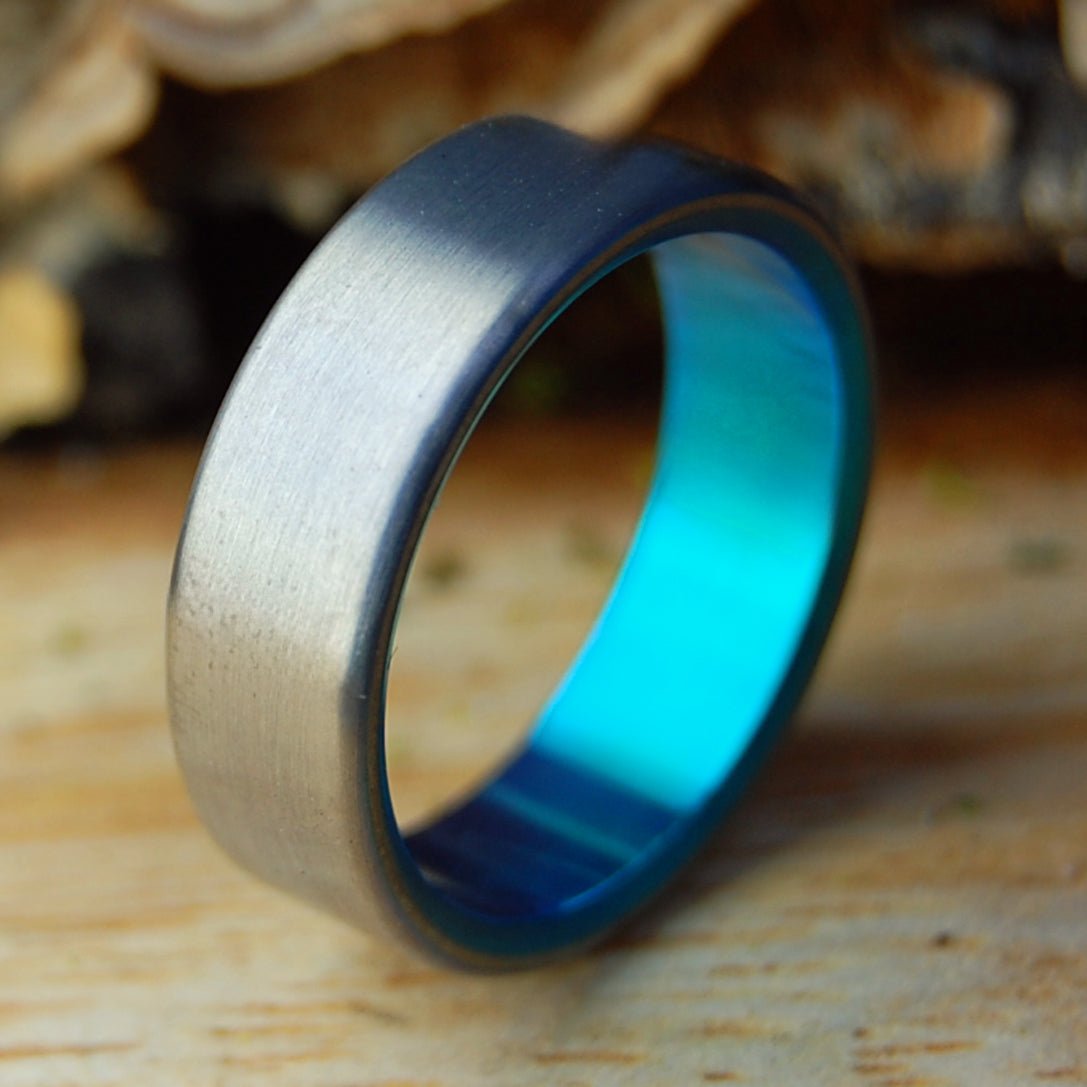 SIMPLE SATIN GREEN | Men's Satin Blue & Titanium Wedding Ring - Minter and Richter Designs