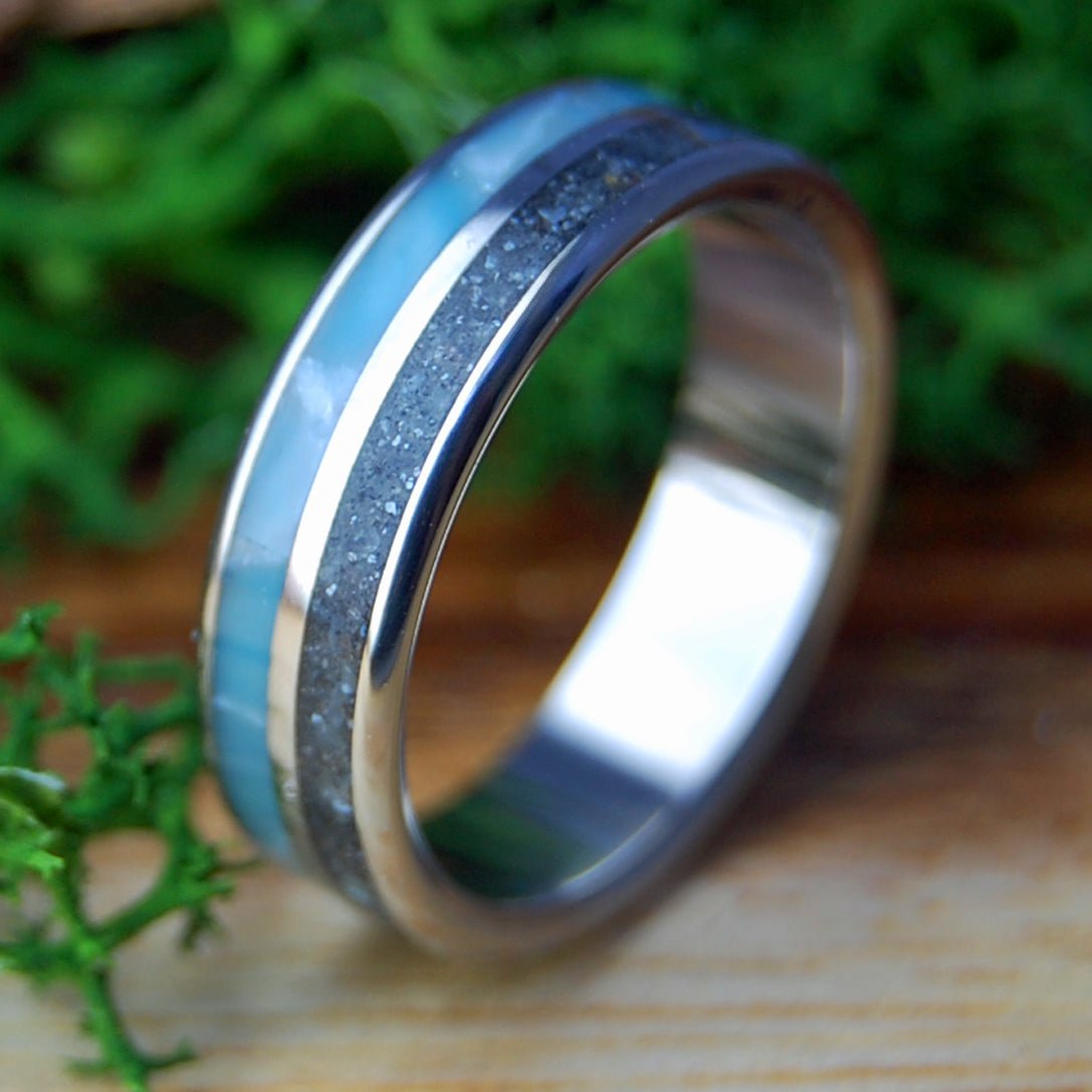 SKY OVER ASSATEAGUE | Men's Assateague Beach Sand, Larimar Stone & Titanium Wedding Ring - Minter and Richter Designs