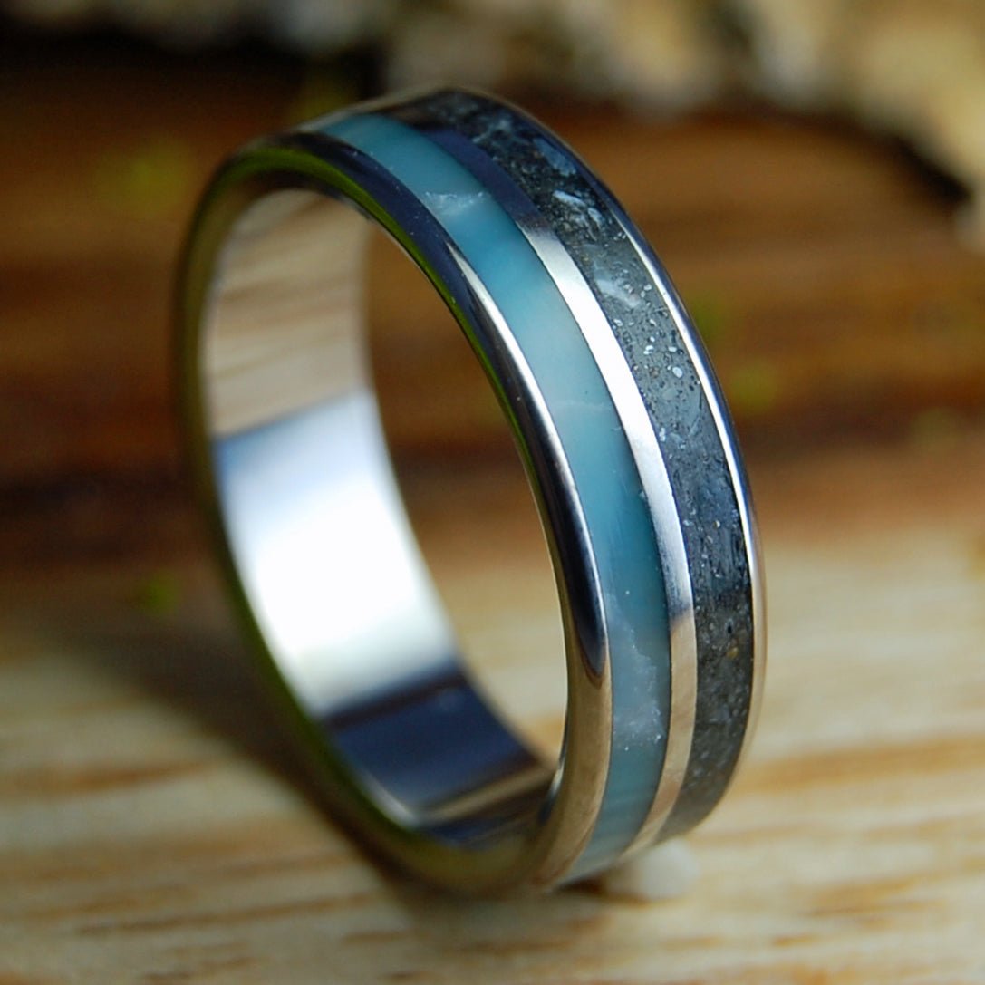 SKY OVER ASSATEAGUE | Men's Assateague Beach Sand, Larimar Stone & Titanium Wedding Ring - Minter and Richter Designs