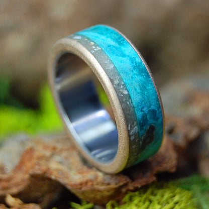 Smooth Waters Riviera Beach | Men's Turquoise Box Elder Wood, Riviera Beach Sand, Bronze & Titanium Wedding Ring - Minter and Richter Designs