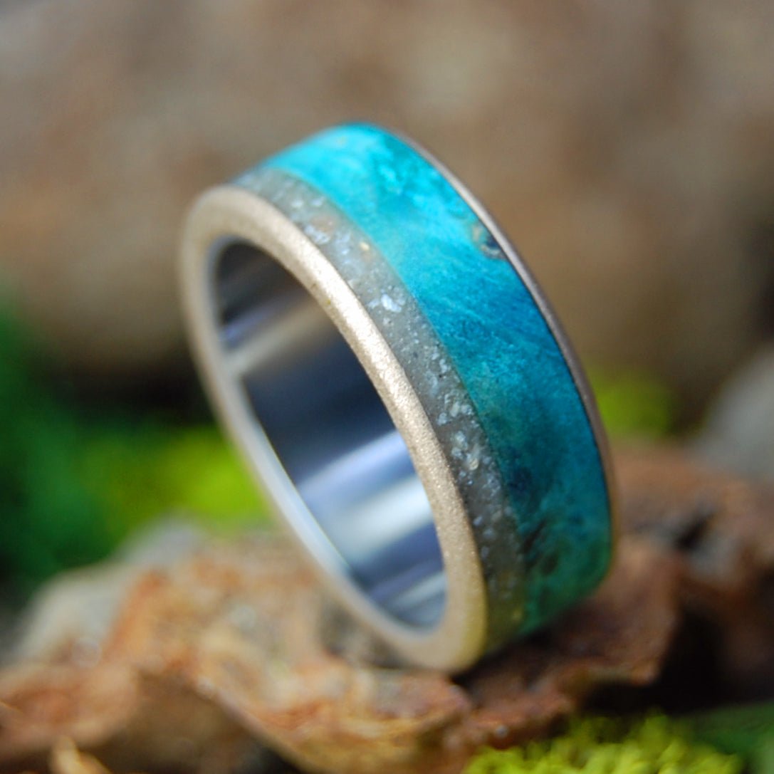 Smooth Waters Riviera Beach | Men's Turquoise Box Elder Wood, Riviera Beach Sand, Bronze & Titanium Wedding Ring - Minter and Richter Designs