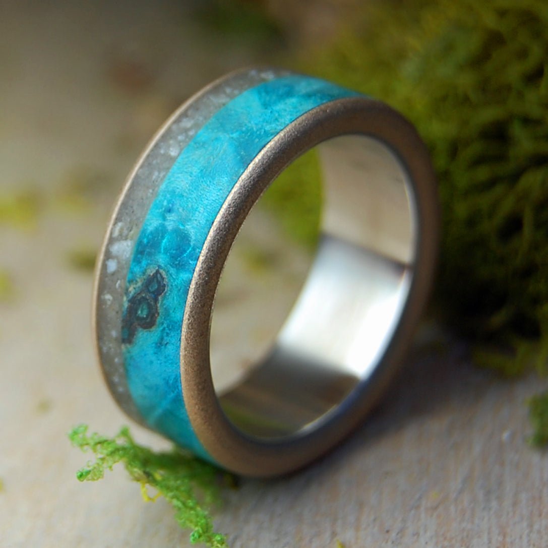 Smooth Waters Riviera Beach | Men's Turquoise Box Elder Wood, Riviera Beach Sand, Bronze & Titanium Wedding Ring - Minter and Richter Designs