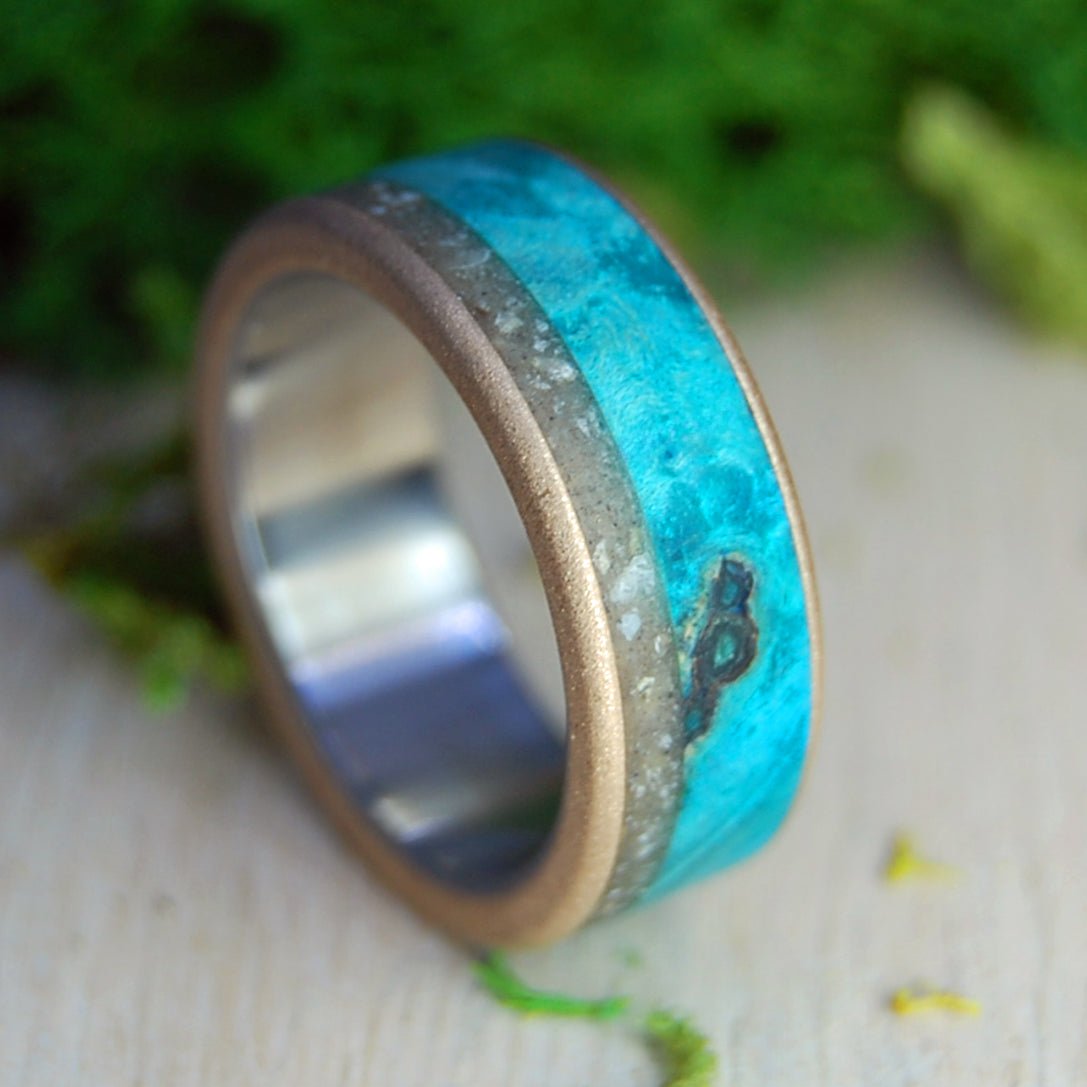 Smooth Waters Riviera Beach | Men's Turquoise Box Elder Wood, Riviera Beach Sand, Bronze & Titanium Wedding Ring - Minter and Richter Designs
