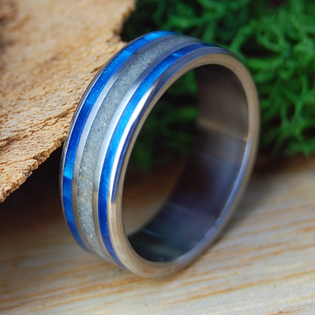 SMYRNA OCEAN BLUE | Beach Sand, Blue Marbled Opalescent & Titanium Wedding Ring - Minter and Richter Designs