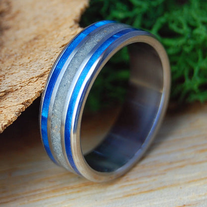 SMYRNA OCEAN BLUE | Beach Sand, Blue Marbled Opalescent & Titanium Wedding Ring - Minter and Richter Designs