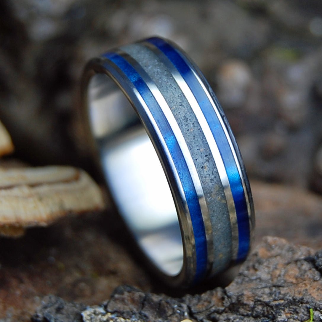 SMYRNA OCEAN BLUE | Beach Sand, Blue Marbled Opalescent & Titanium Wedding Ring - Minter and Richter Designs
