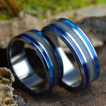 SMYRNA OCEAN BLUE SET | Smyrna Beach Sand & Blue Marbled Opalescent Wedding Rings Set - Minter and Richter Designs