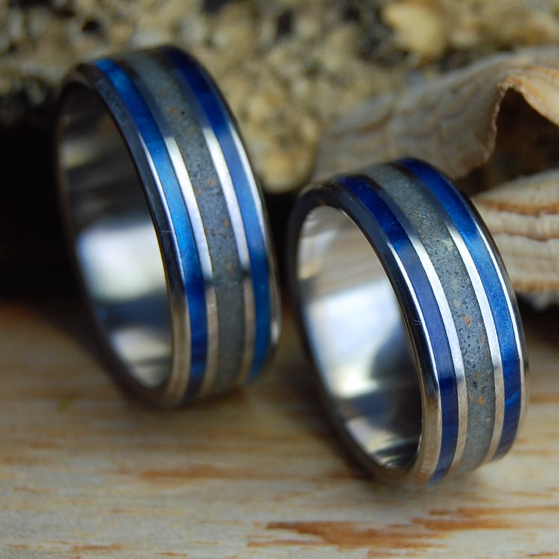 SMYRNA OCEAN BLUE SET | Smyrna Beach Sand & Blue Marbled Opalescent Wedding Rings Set - Minter and Richter Designs