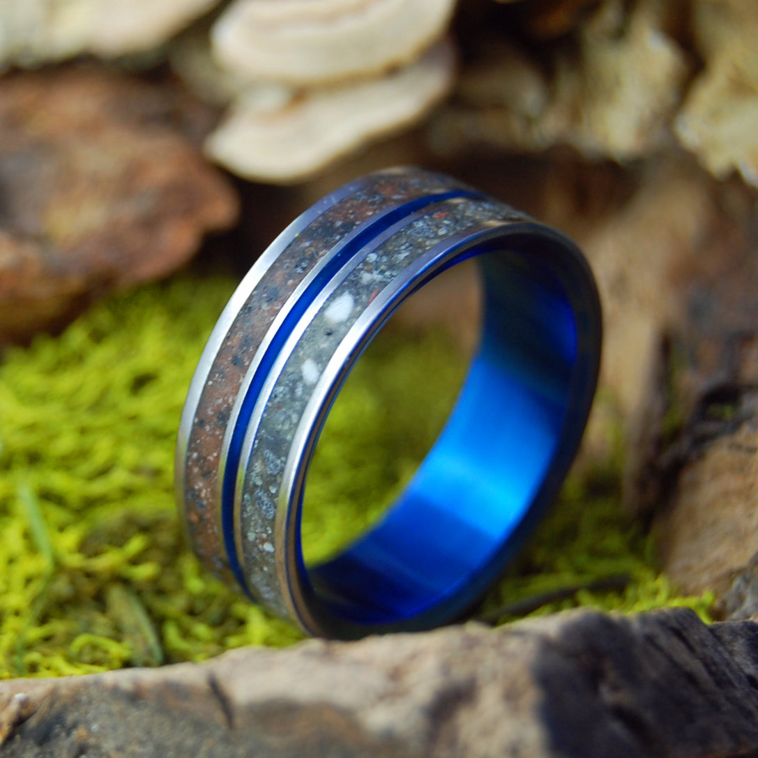 SNOW CANYON DEER SAPPHIRE| Deer Bone, Lava & Beach Sand Rings - Titanium Wedding Ring