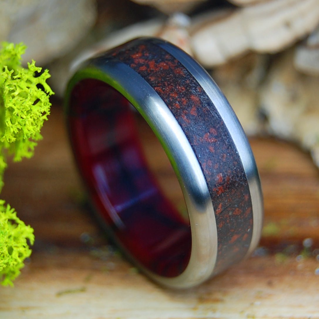 SOUL OF THE CERATOPS | Men's Triceratop Teeth, T-Rex Bone & Oregon Red Lava - Titanium Wedding Ring - Minter and Richter Designs