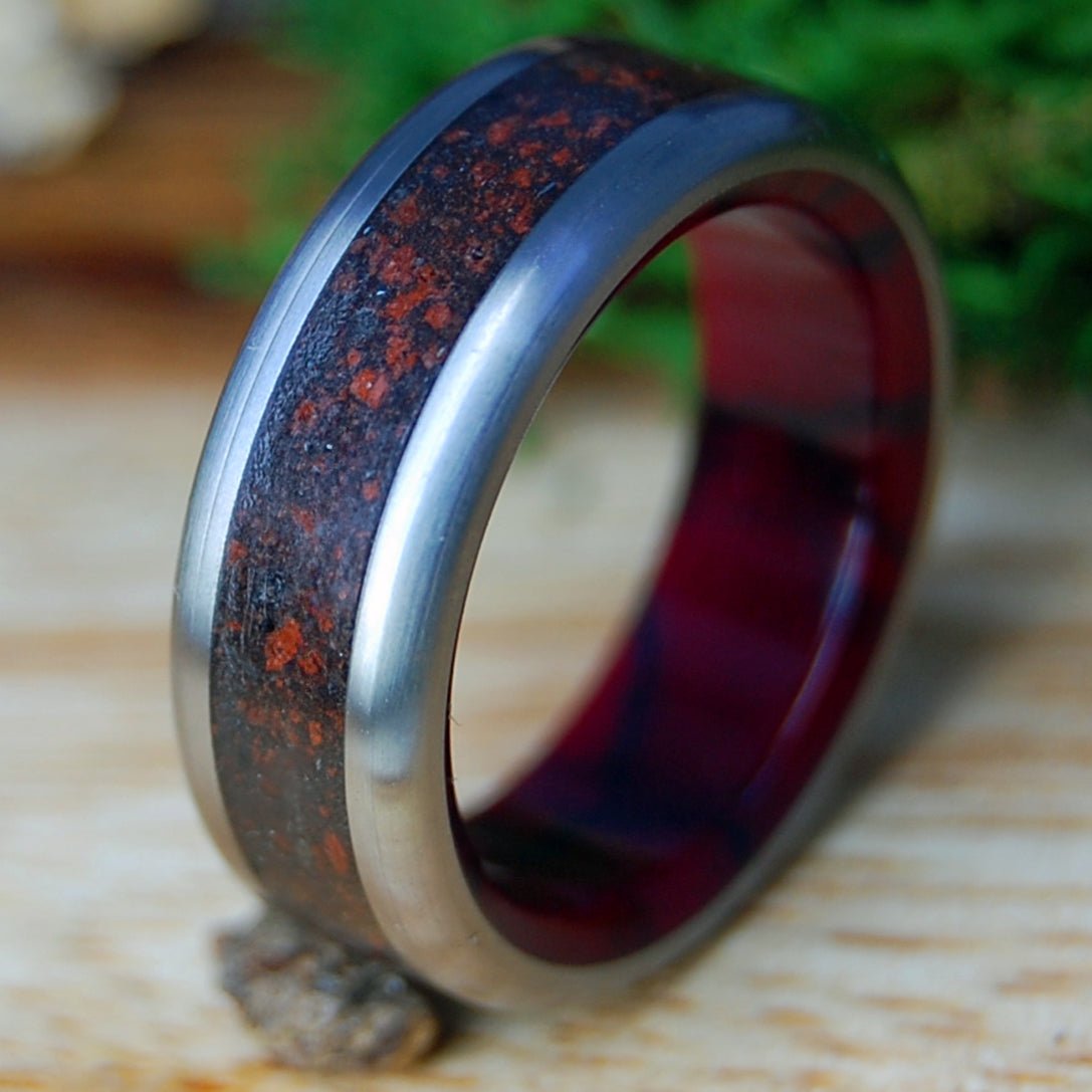 SOUL OF THE CERATOPS | Men's Triceratop Teeth, T-Rex Bone & Oregon Red Lava - Titanium Wedding Ring - Minter and Richter Designs