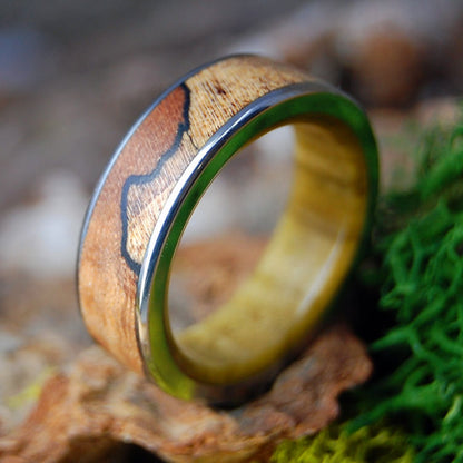 SPALTED TIGER | Men's Spalted Maple, Tiger Eye Stone & Titanium Wedding Ring - Minter and Richter Designs