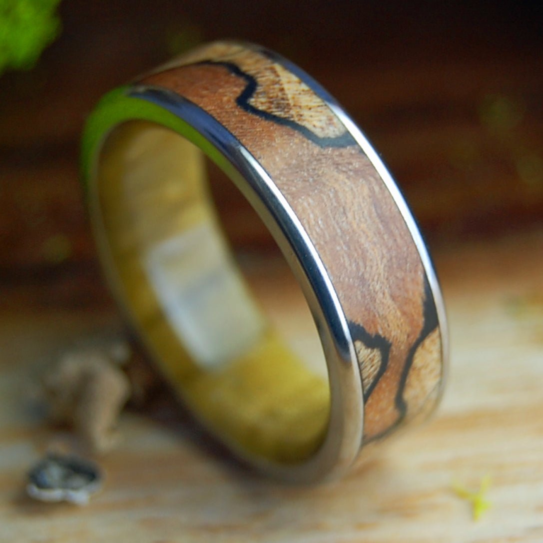 SPALTED TIGER | Men's Spalted Maple, Tiger Eye Stone & Titanium Wedding Ring - Minter and Richter Designs