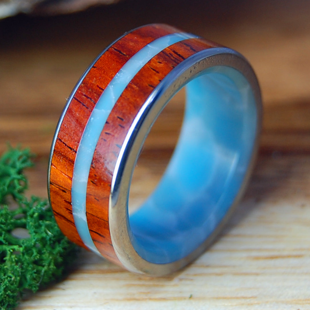 MAN FROM THE SEA | Size 10 At 9.5mm | Cocobolo Wood & Dominican Larimar | Unique Wedding Band | On Sale