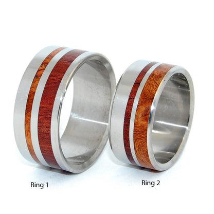 Stronger Together | Dark Maple Wood, Koa Wood & Titanium - Unique Wedding Ring Set - Minter and Richter Designs