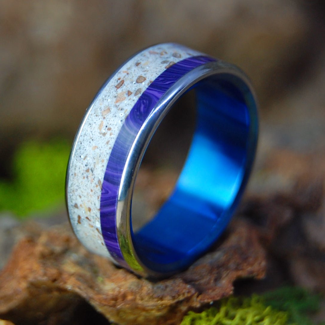 Sunrise on Galilee | Sea of Galilee Beach Sand, Charoite & Titanium Wedding Ring - Minter and Richter Designs