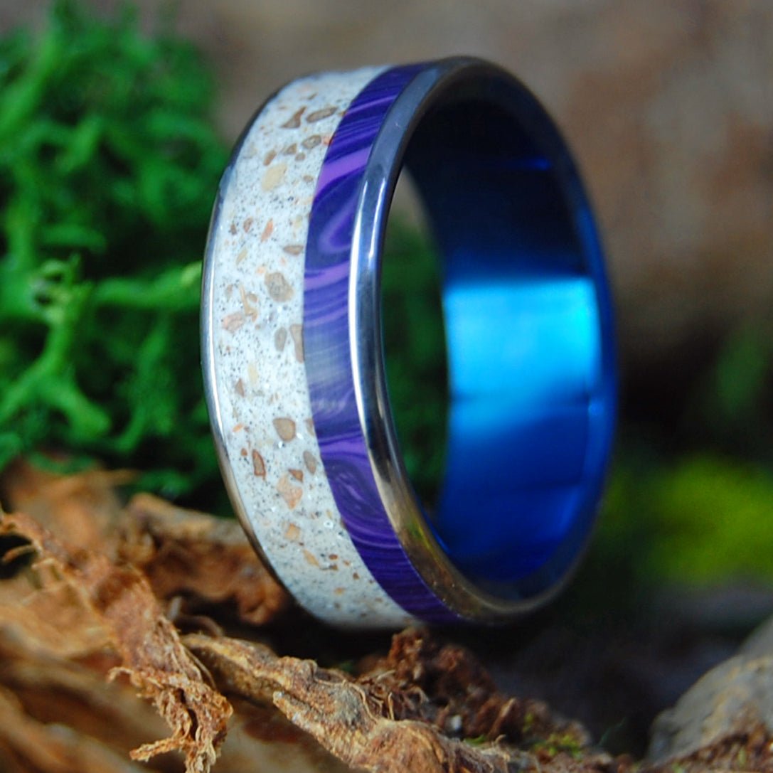 Sunrise on Galilee | Sea of Galilee Beach Sand, Charoite & Titanium Wedding Ring - Minter and Richter Designs