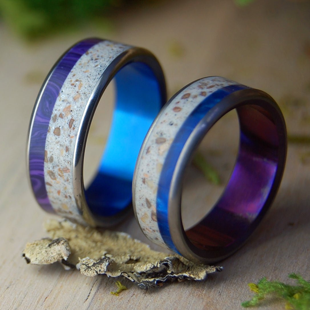 Sunrise & Sunset on Galilee | Israel Beach Sand & Stone Unique Wedding Rings - Minter and Richter Designs
