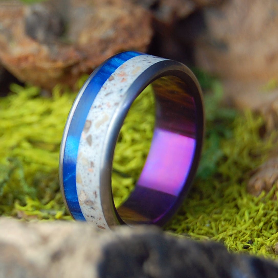 Sunset on Galilee | Sea of Galilee Beach Sand, Blue Marbled Opalescent & Titanium Wedding Ring - Minter and Richter Designs